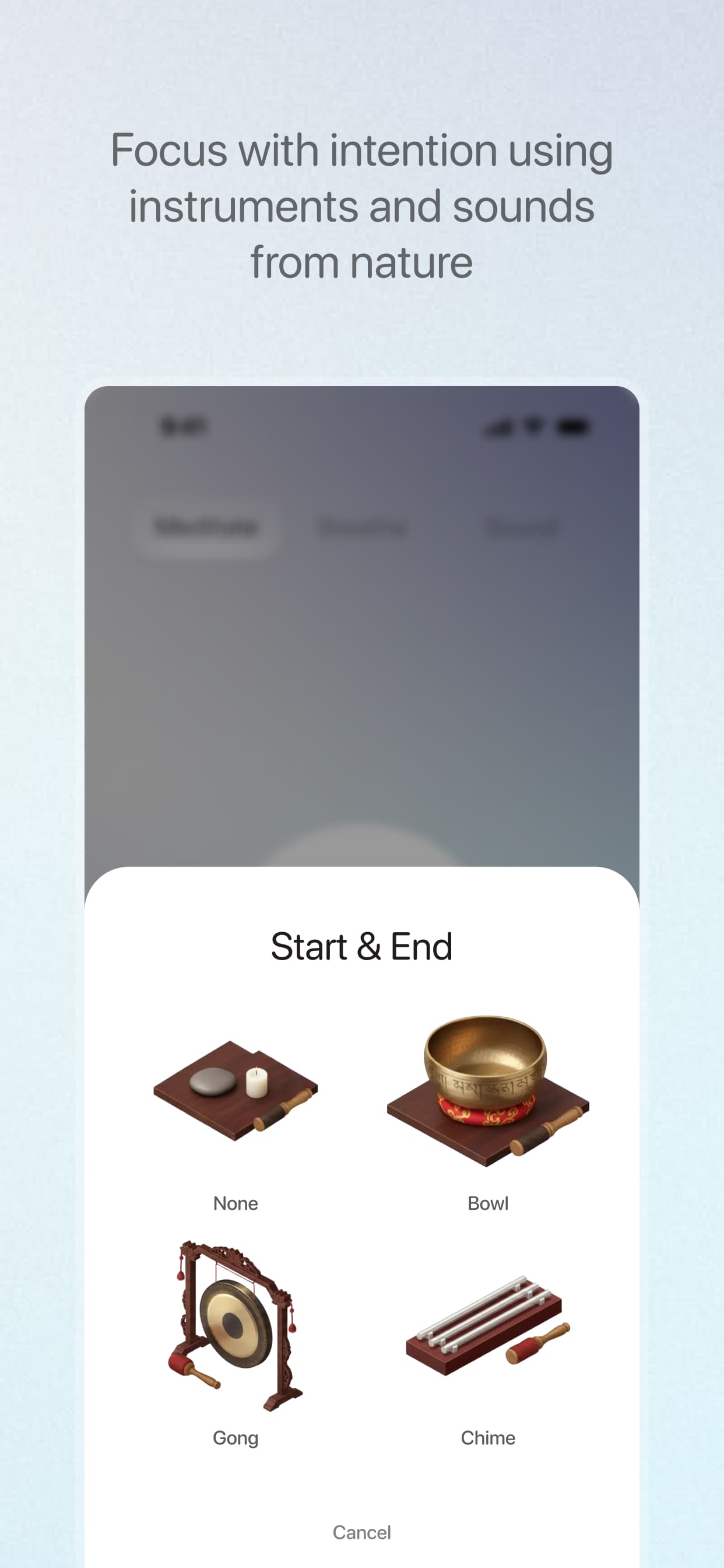 Roshi app screenshot: Focus with intention and sounds from nature.